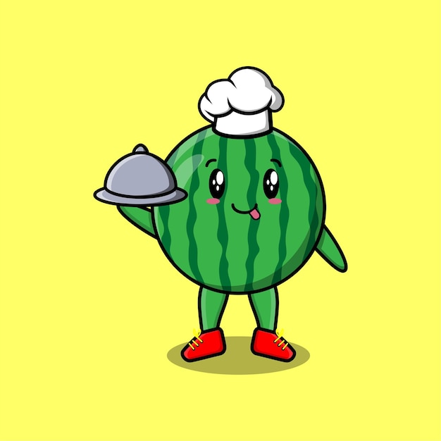 Schattige Cartoon chef-kok watermeloen mascotte karakter serveren van voedsel op dienblad schattig stijl ontwerp