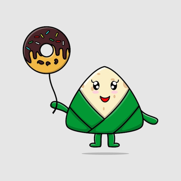 Schattige cartoon chinese rijst knoedel zwevend met donuts ballon cartoon vectorillustratie