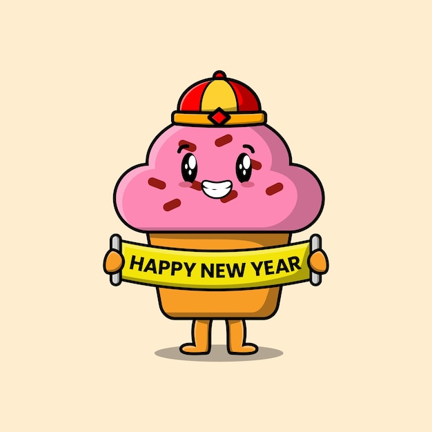 Schattige cartoon Cupcake chinees karakter met gelukkig nieuwjaar bord illustratie
