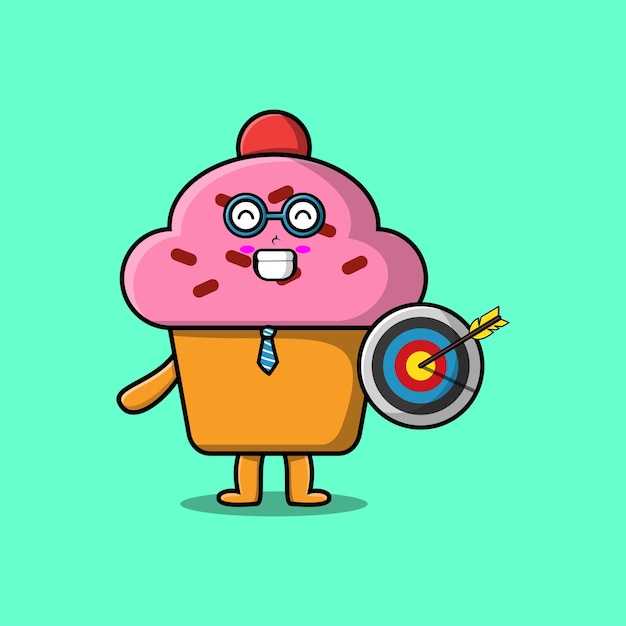 Schattige cartoon Cupcake zakenman met doel en pijl met gelukkige uitdrukking