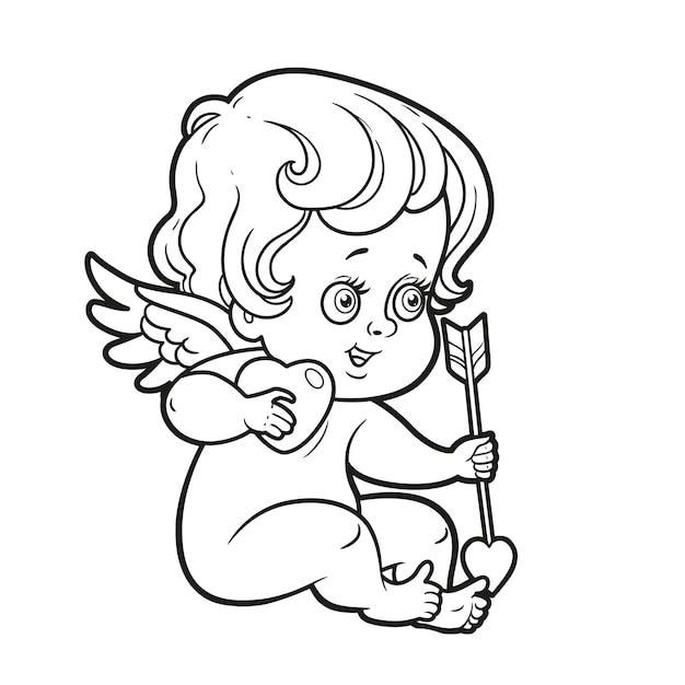 Schattige cartoon Cupido met een hart en een pijl in handen geschetst voor kleurplaat geïsoleerd op een witte achtergrond