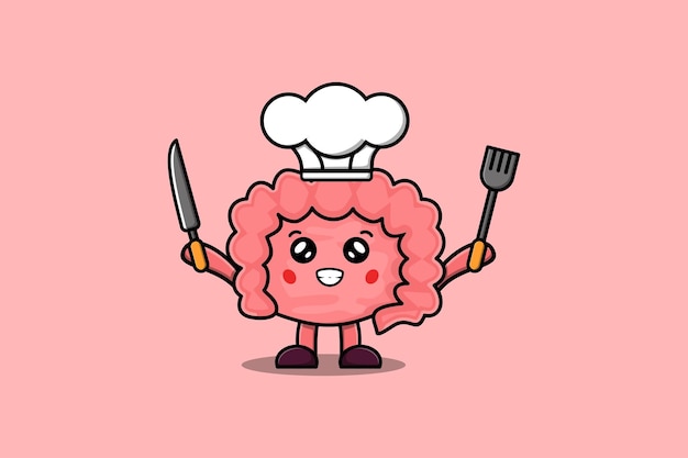 Schattige cartoon Darm chef-kok karakter met mes en vork in platte cartoon stijl illustratie