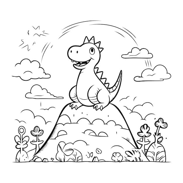 Schattige cartoon dinosaurus op de heuvel vectorillustratie voor kleurboek