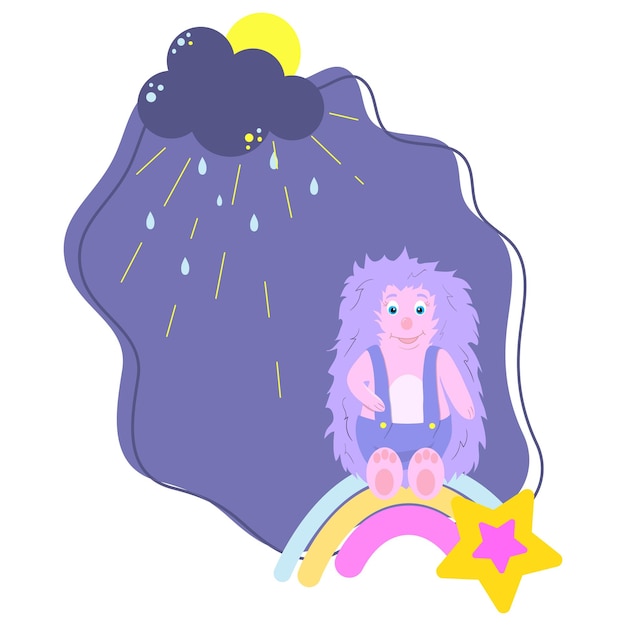 Schattige cartoon egel zittend op een ster de zon schijnt het regent