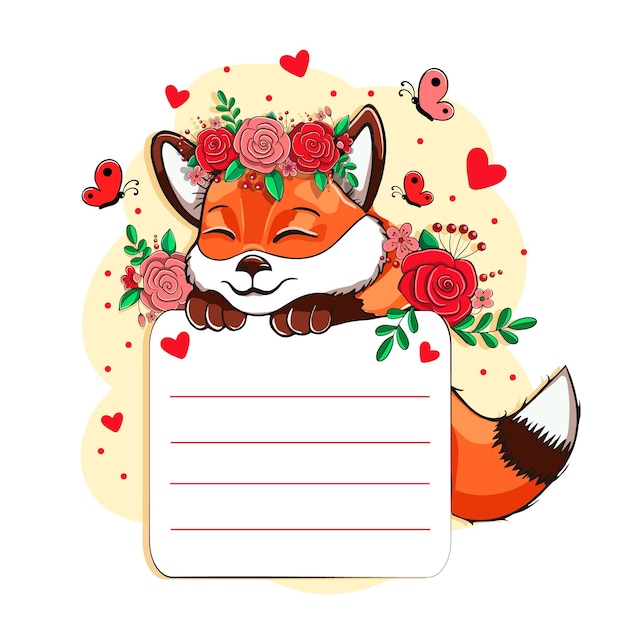 Schattige Cartoon Fox met bloemen Sjabloon voor wenskaartuitnodiging en andere vectorillustratie