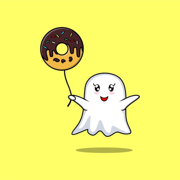 Schattige cartoon geest zwevend met donuts ballon cartoon vectorillustratie