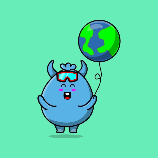 Schattige cartoon goblin monster zwevend met goblin monster wereld ballon cartoon vectorillustratie