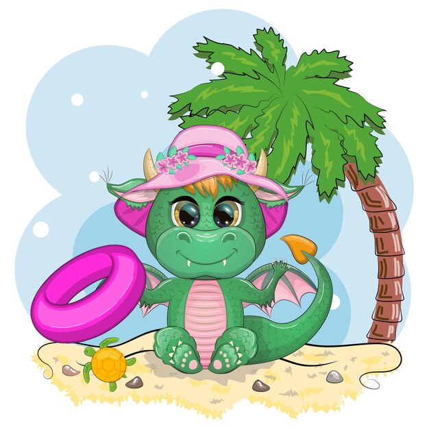 Schattige cartoon groene babydraak in een hoed op het strand in Hawaï Symbool van 2024 volgens de Chinese kalender Mythisch reptielmonster