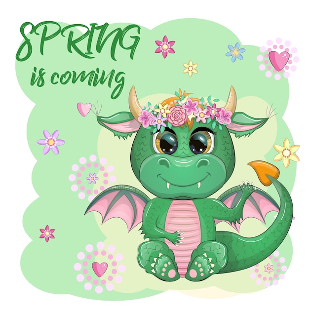 Schattige cartoon groene babydraak met hoorns en vleugels Symbool van 2024 volgens de Chinese kalender De lente komt eraan