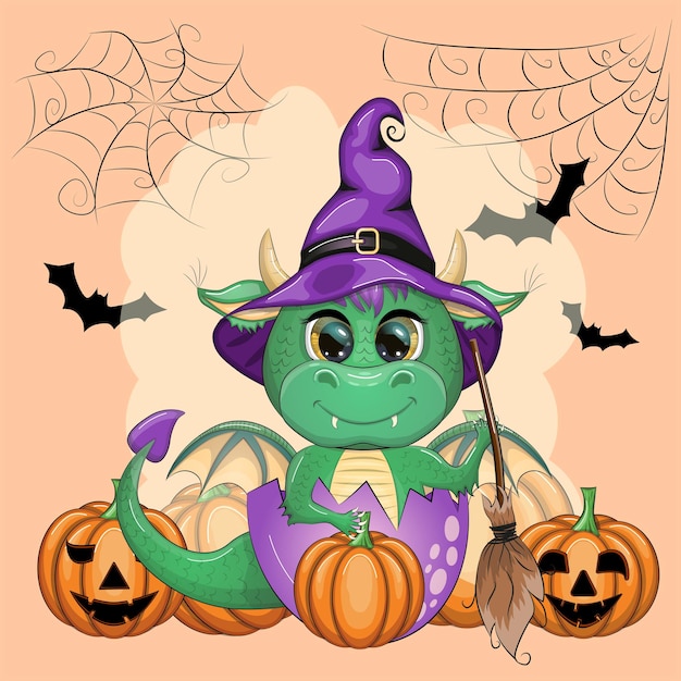 Schattige cartoon groene draak in een paarse magische hoed Halloween pompoen drankje bezem symbool van 2024 volgens de Chinese kalender mythisch reptiel monster