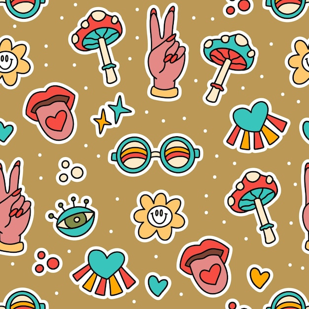 Schattige cartoon groovy paddestoel sticker vector naadloze patroon Hippie retro afbeelding