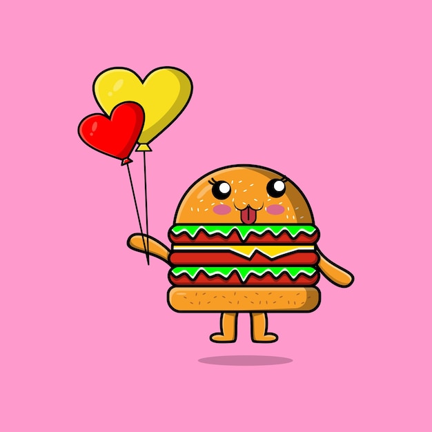 Schattige cartoon Hamburger zwevend met liefde ballon cartoon vectorillustratie