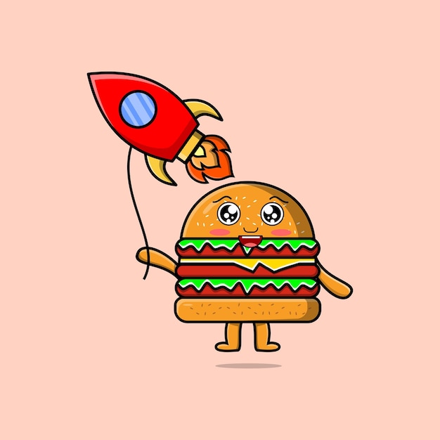 Schattige cartoon Hamburger zwevend met raket ballon cartoon vectorillustratie