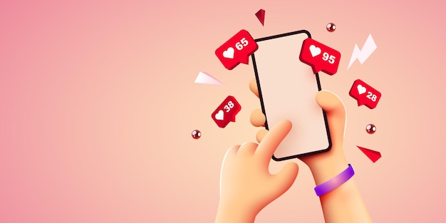 Schattige cartoon hand met mobiele smartphone met houdt van meldingspictogrammen sociale media en marketing