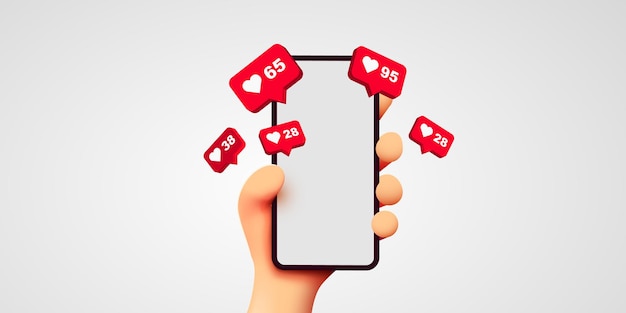 Schattige cartoon hand met mobiele smartphone met houdt van meldingspictogrammen sociale media en marketing
