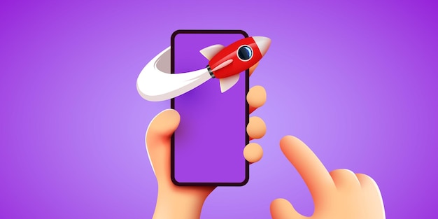 Schattige cartoon hand met mobiele smartphone met lancering van raket sociale media en marketing concept vectorillustratie