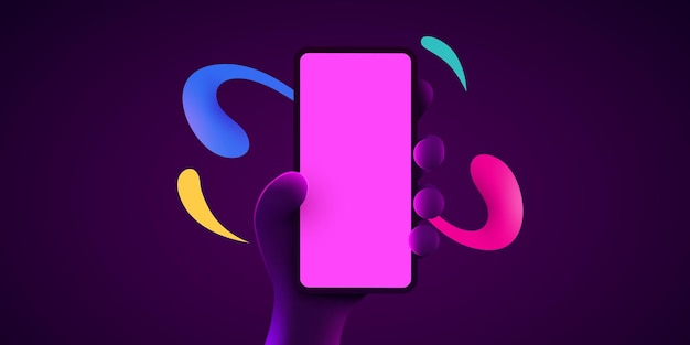 Schattige cartoon hand met mobiele smartphone Telefoon mockup Kleur explosie Scherm aanraken met vinger