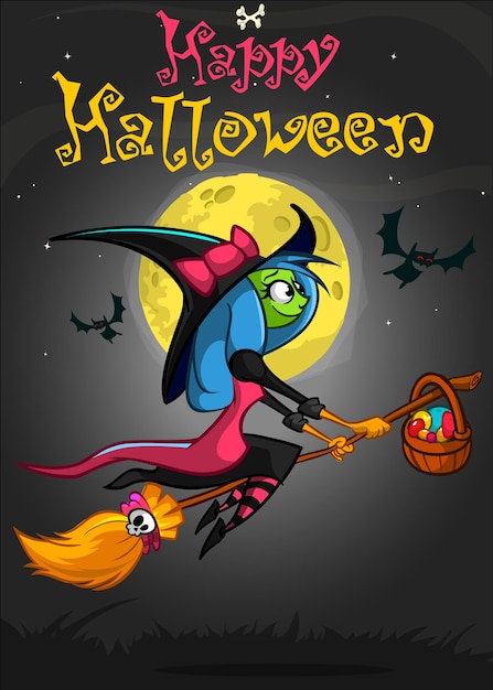 Schattige cartoon heks vliegen op haar bezem Halloween vectorillustratie