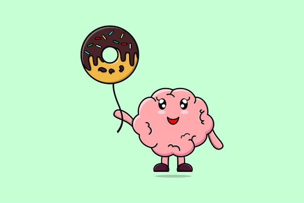 Schattige cartoon hersenen drijvend met donuts ballon cartoon vectorillustratie