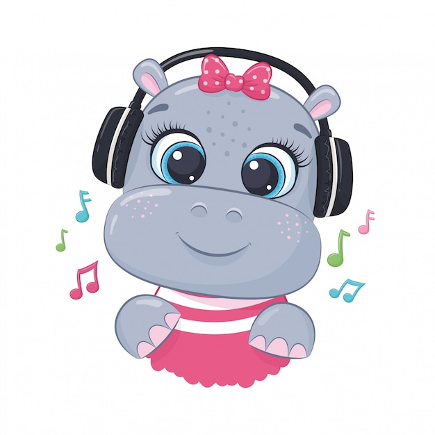 Schattige cartoon hippo meisje met koptelefoon luisteren naar muziek