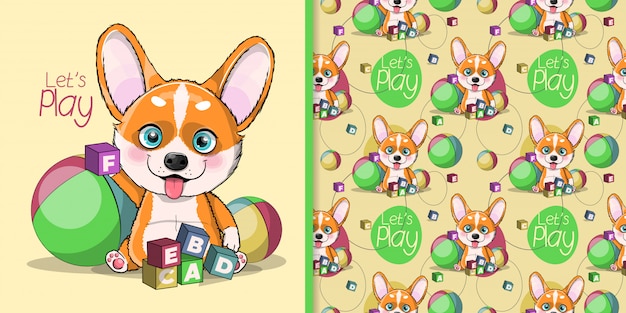 Schattige cartoon hond corgi spelen met alfabet box en bal