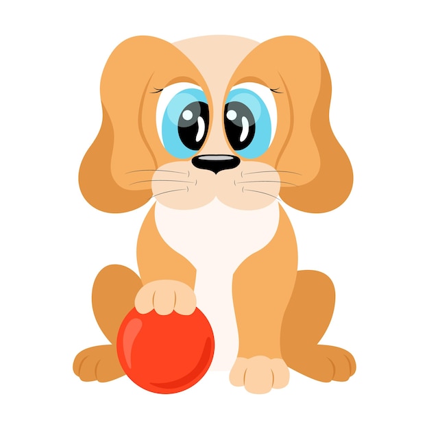 Schattige cartoon hond geïsoleerd. Grappige zittende pup met bal. vector illustratie