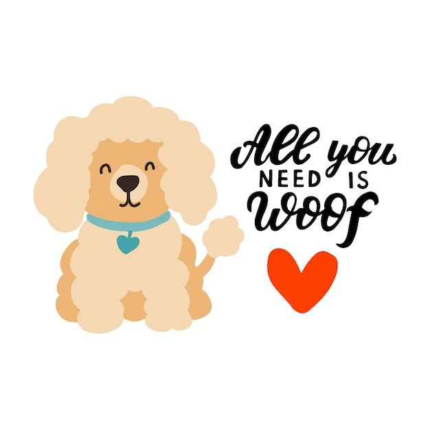 Schattige cartoon hond Poedel puppy hand getekende hond gezicht met hand belettering hondenliefhebber citaat Cartoon hond