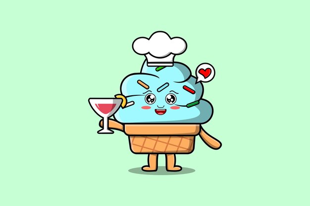 Schattige cartoon ice cream chef-kok karakter houden wijnglas platte cartoon stijl illustratie