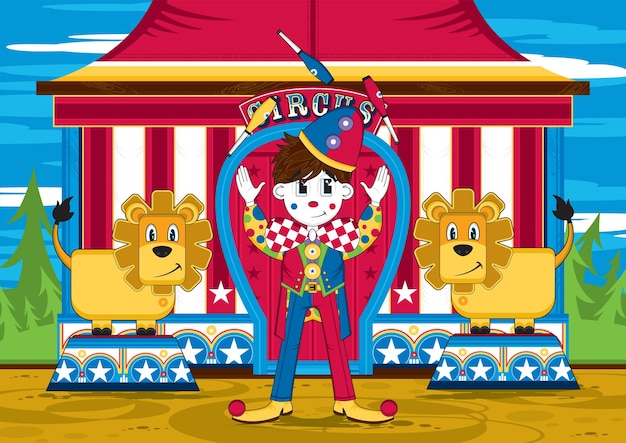 Schattige Cartoon jongleren Big Top Circus Clown karakter met leeuwen