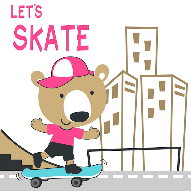 Vector schattige cartoon karakter beer skater vector print met schattige leeuw op een skateboard kan gebruikt worden voor t-shirt print kinderkleding fashion design stof textiel kinderkamer behang en andere decoratie