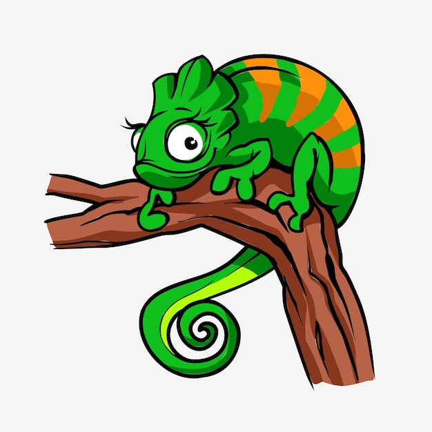 Schattige cartoon karakter groene kameleon hagedis dier. reptiel in het wild geïsoleerd op warme achtergrond. vector illustratie