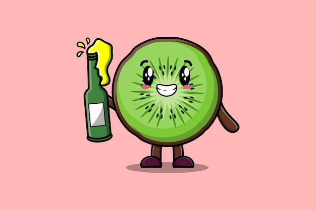 Schattige cartoon karakter Kiwi fruit met frisdrank fles in moderne schattige stijl ontwerp vlakke afbeelding