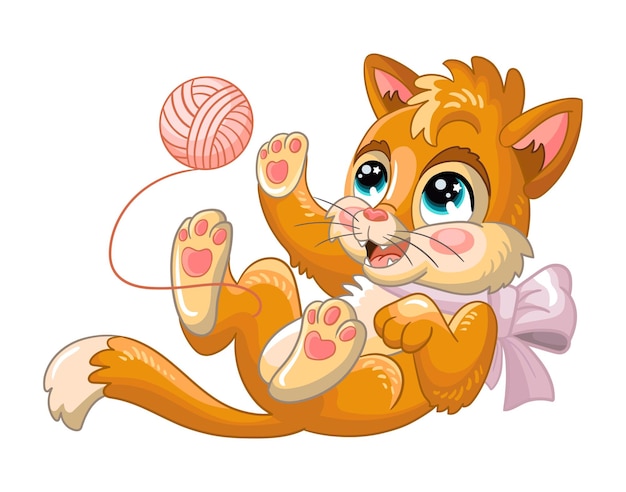 Schattige cartoon karakter oranje kitten spelen met een bal van draad vectorillustratie