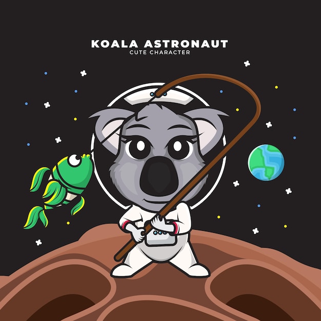 Schattige cartoon karakter van baby astronaut koala is aan het vissen