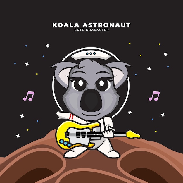 Schattige cartoon karakter van baby astronaut koala speelt gitaar