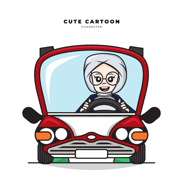Schattige cartoon karakter van islamitische vrouw besturen van een auto