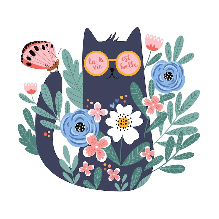 Vector schattige cartoon kat in glazen met hand getrokken bloemen vlinder