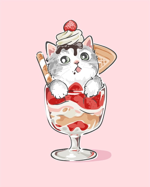 schattige cartoon kat in ijs glas vectorillustratie