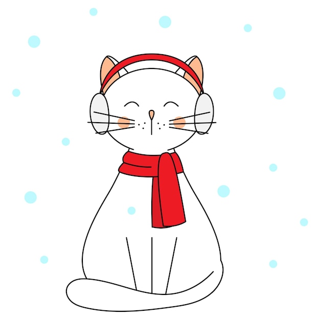 Schattige cartoon kat in warme winterkleren Gekleed in koptelefoon en een sjaal Charmante dieren Vector illustratie