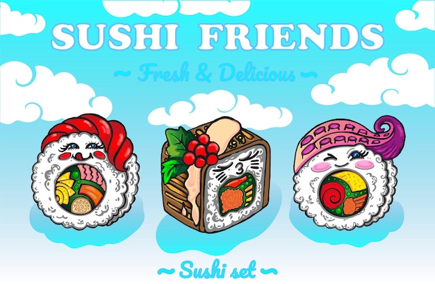 Vector schattige cartoon kawaii sushi tegen de achtergrond van wolken grappige sushi poster vectorillustratie aziatische restaurant menu cover sushi