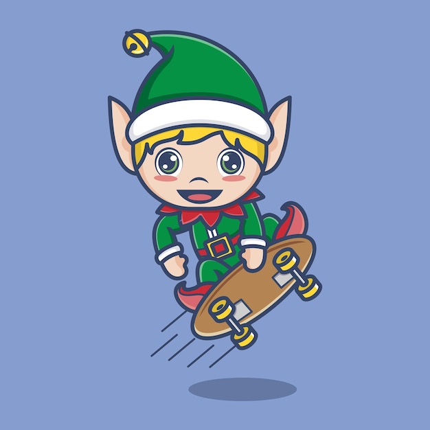 Schattige cartoon kerst elf skateboard spelen