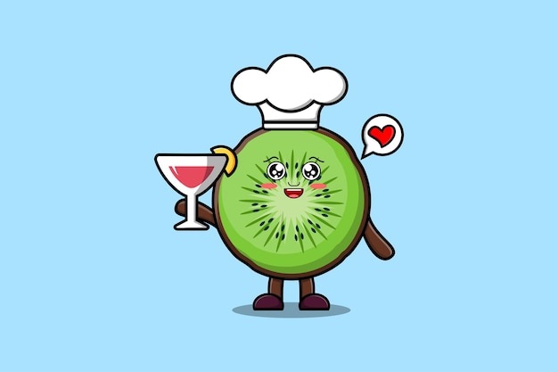 Schattige cartoon Kiwi fruit chef-kok karakter met wijnglas platte cartoon stijl illustratie