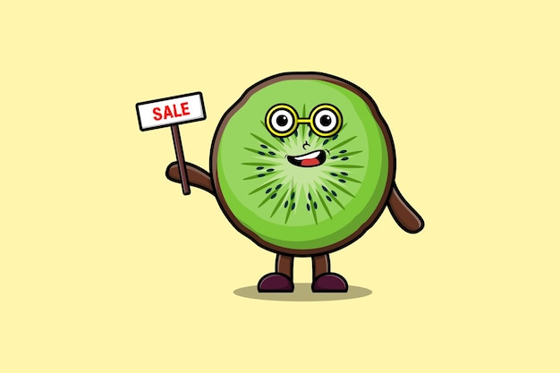 Schattige cartoon Kiwi fruit karakter met verkoop teken ontwerpen in concept platte cartoon stijl