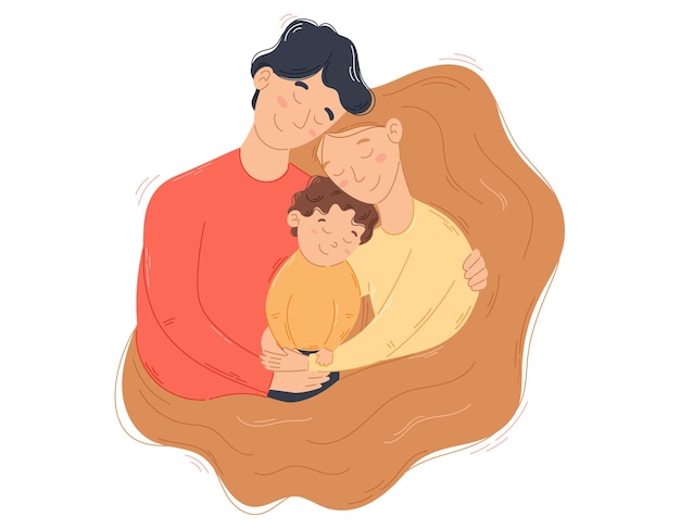 Schattige cartoon knuffelen familie moeder vader en zoon gezellige vrouw met lang weelderig haar man en kind in een omhelzing wereldouders dag vectorillustratie