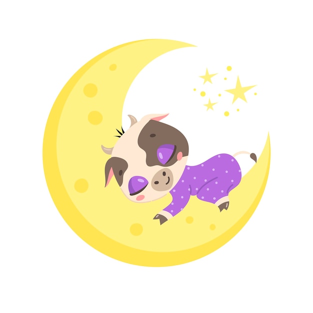 schattige cartoon koe slapen op de maan.