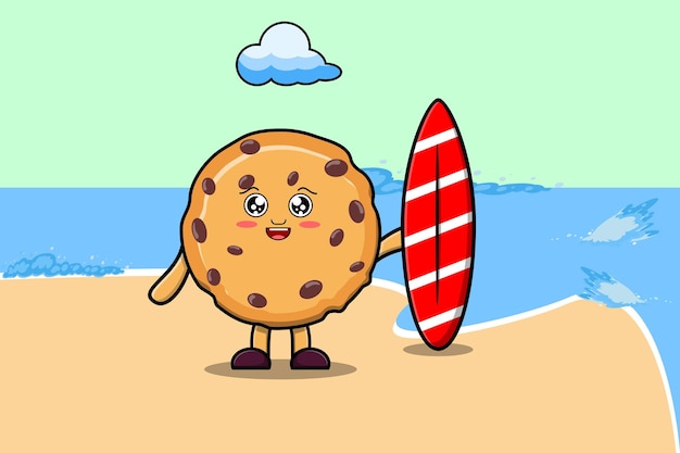 Schattige cartoon koekjes karakter spelen surfen met surfplank