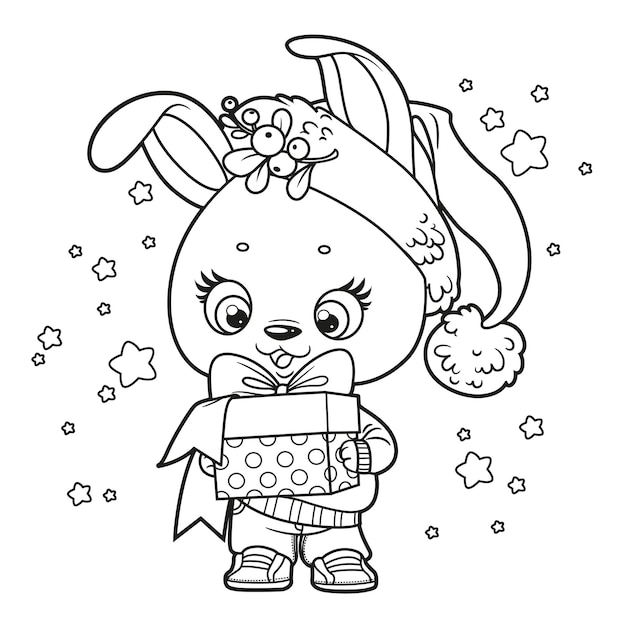 Schattige cartoon konijn in een nieuwjaars hoed en met cadeau in poten geschetst voor de kleurplaat pagina op witte achtergrond