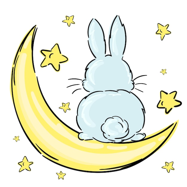 Schattige cartoon konijn terug bunny staart op de maan Baby bunny vector print kan worden gebruikt voor kinderen of baby's t-shirt design Fashion print graphic Cartoon dier