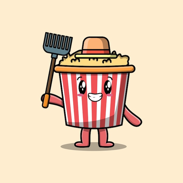 Schattige cartoon Landbouwarbeider Popcorn met hooivork vector afbeelding schattig moderne stijl ontwerp