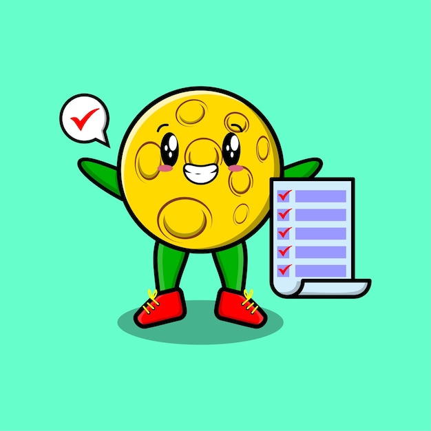 Schattige cartoon maan karakter met checklist notitie in concept 3d-beeldverhaalstijl
